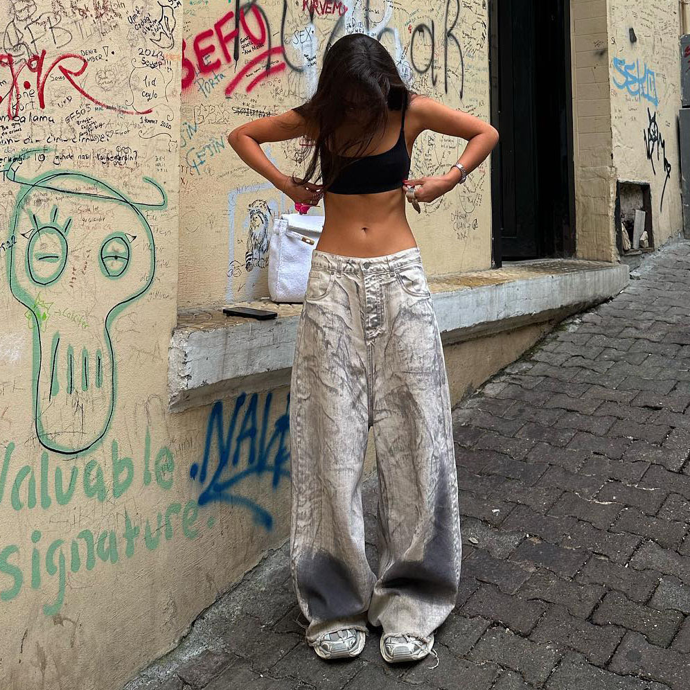 Streetwear Girl Brand - ฤดูใบไม้ผลิใหม่ฤดูใบไม้ร่วงหญิงหญิงหญิงสาวผ้าฝ้ายยืด streetwear Graffiti ต่ําเอวกางเกงยีนส์ขากว้าง
