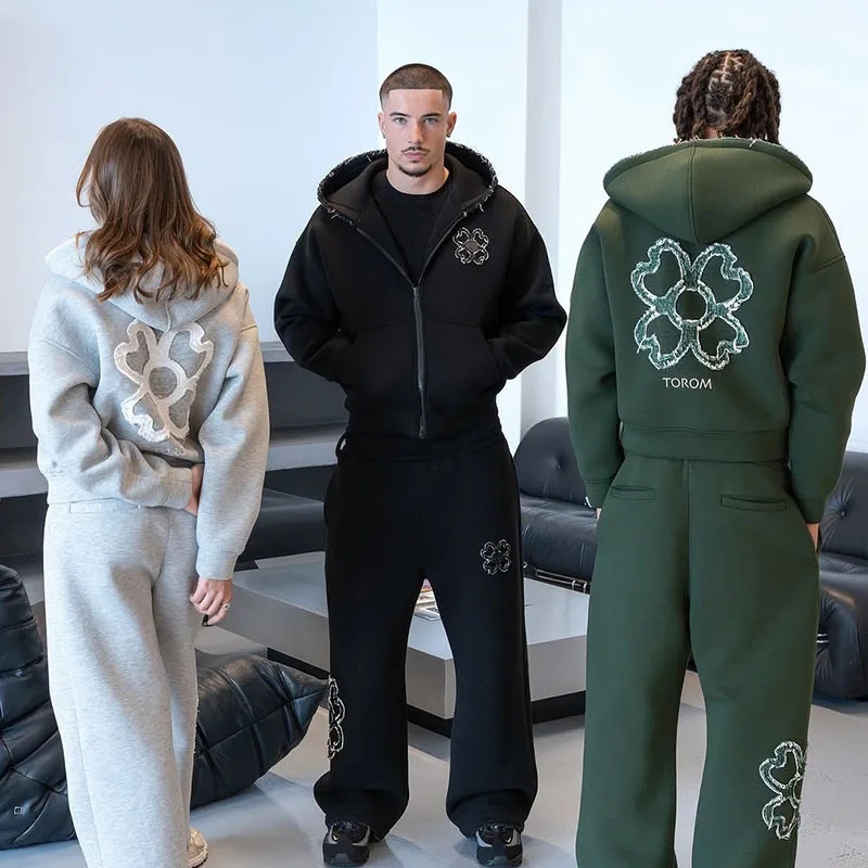 Streetwear Zipper - ชุดเซ็ตฮู้ดดี้ซิปติดกระดุมลายใบโคลเวอร์ 4 แฉก สไตล์สปริง/ออทั่ม ไซส์ใหญ่พิเศษ สำหรับผู้ชาย