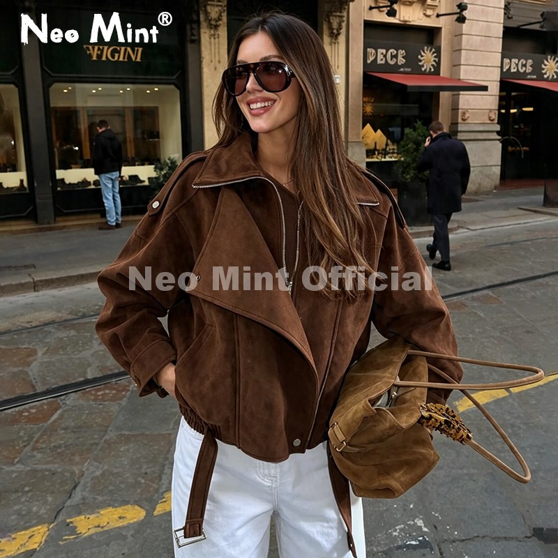 Streetwear Girl Brand - เสื้อแจ็คเก็ตหนังกลับสีน้ำตาลโอเวอร์ไซส์ รุ่น Neo Mint Autumn สำหรับผู้หญิง