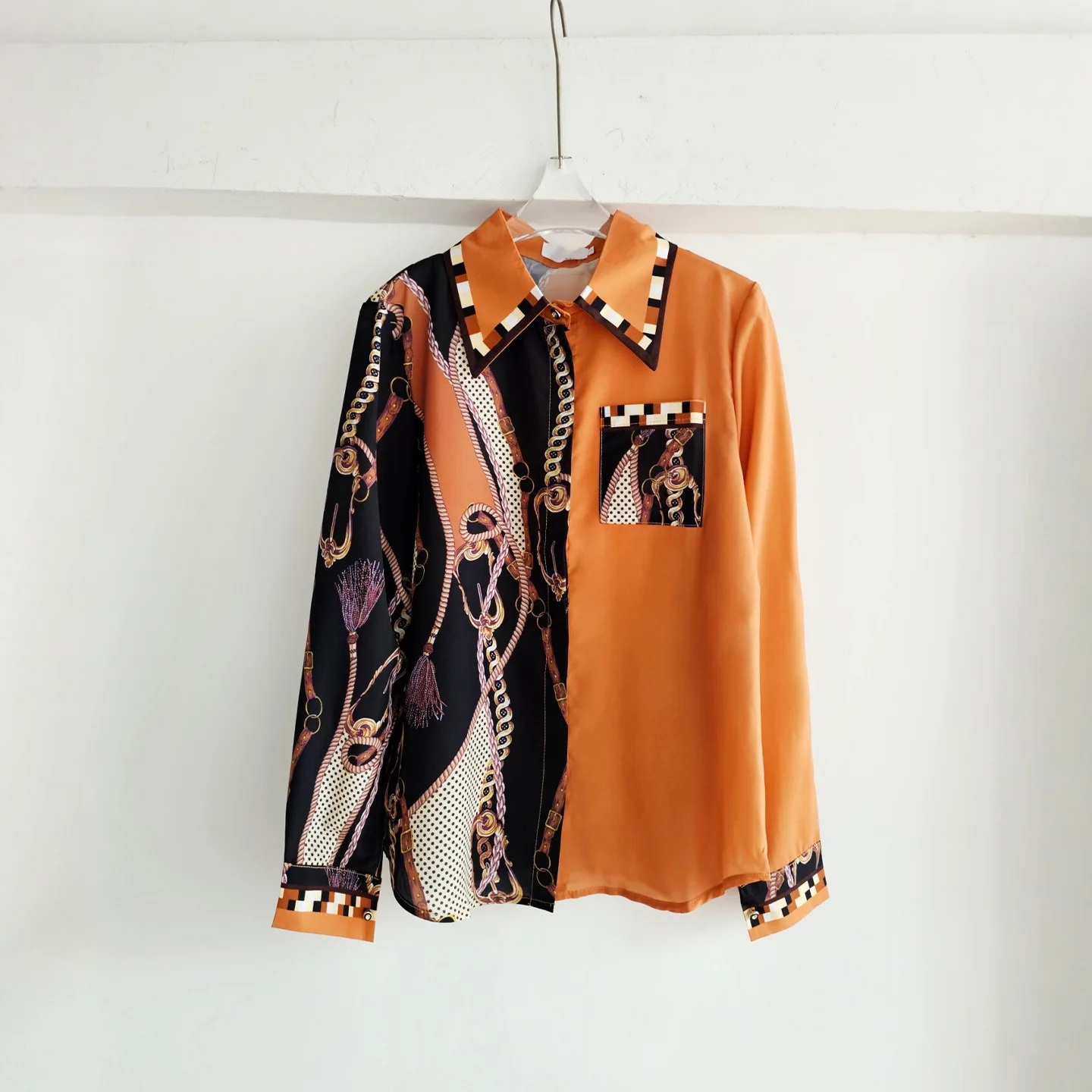 French Streetwear Brand - เสื้อเชิ้ตแขนยาวสไตล์ฝรั่งเศสสำหรับผู้หญิง ลายพิมพ์ผ้าซาติน ปกเสื้อเชิ้ต แบรนด์ดีไซเนอร์ เสื้อเชิ้ตลำลอง เสื้อผู้หญิง