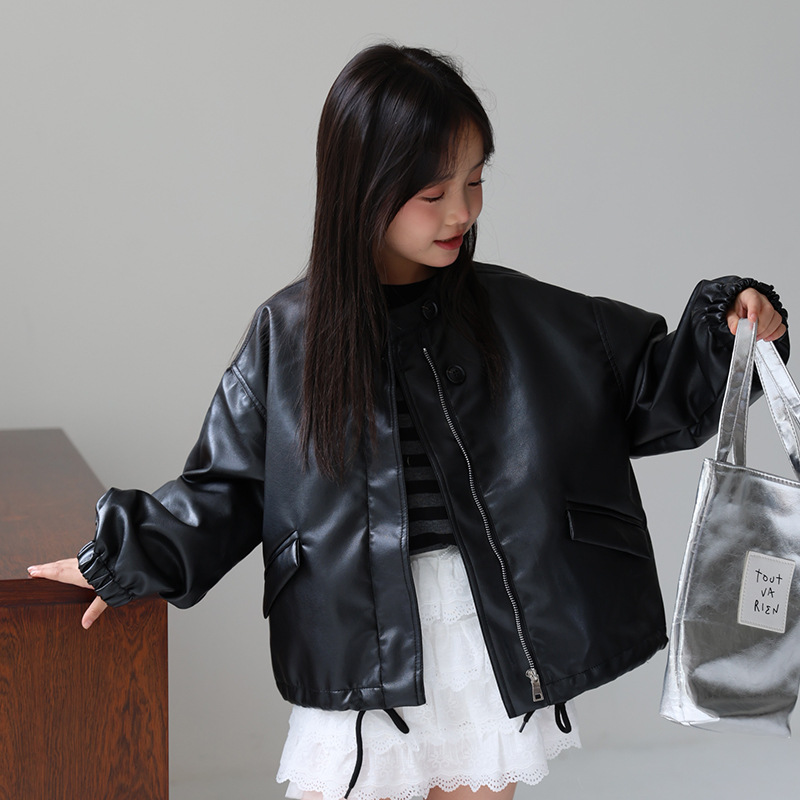 Streetwear Brand Logos - เสื้อแจ็คเก็ตหนัง PU สไตล์ร็อคสีดำชมพูหวานสำหรับเด็กผู้หญิงอายุ 2-12 ปี เสื้อโค้ทกันน้ำกันลมสำหรับเด็ก