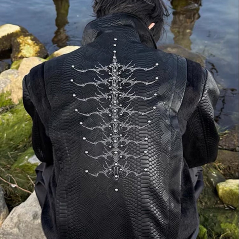 เสื้อแจ็คเก็ตผู้ชายสีดำลายงู ป - Streetwear Zipper บทวิจารณ์และราคา
