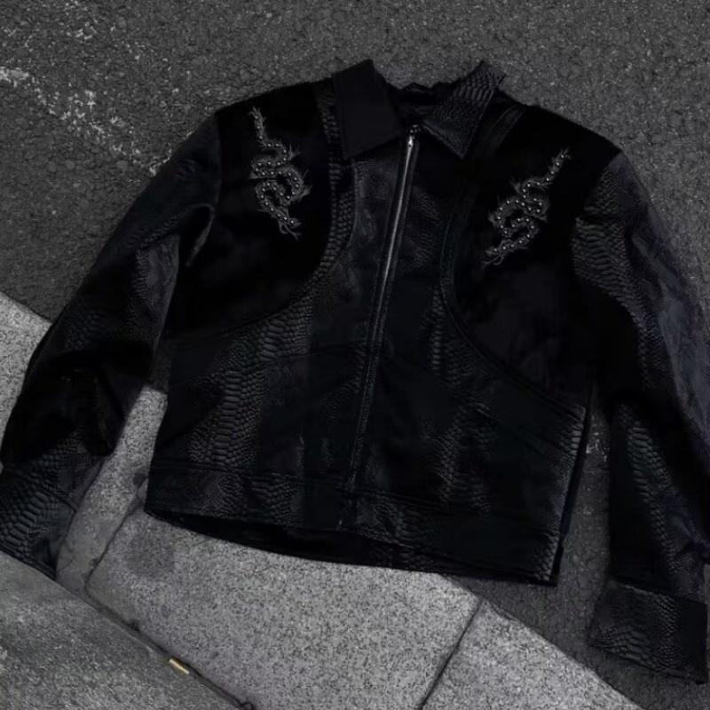 เสื้อแจ็คเก็ตผู้ชายสีดำลายงู ป - Streetwear Zipper บทวิจารณ์และราคา