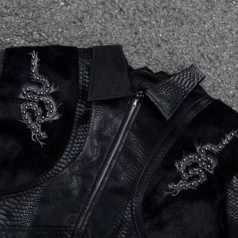 เสื้อแจ็คเก็ตผู้ชายสีดำลายงู ป - Streetwear Zipper บทวิจารณ์และราคา
