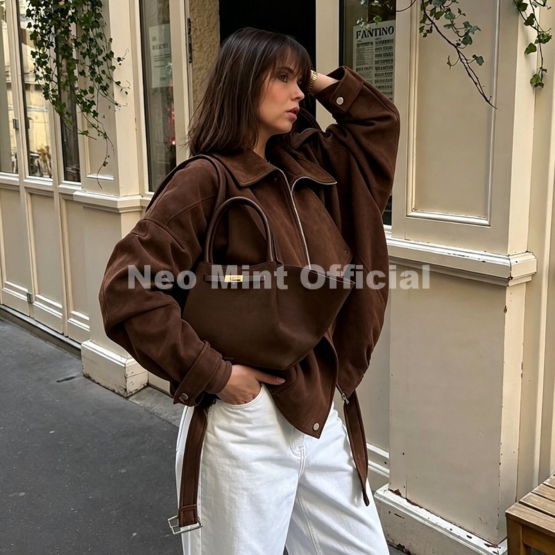 เสื้อแจ็คเก็ตหนังกลับสีน้ำตาลโ - Streetwear Girl Brand บทวิจารณ์และราคา