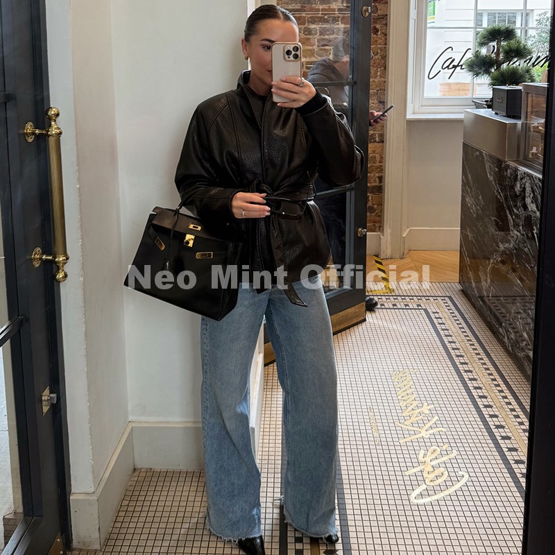 เสื้อโค้ทหนังเทียมคอปกชาลสีดำ  - Streetwear Girl Brand บทวิจารณ์และราคา